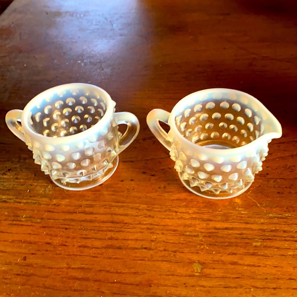 Vintage Fenton moonstone pattern opalescent hobnail cream & sugar set